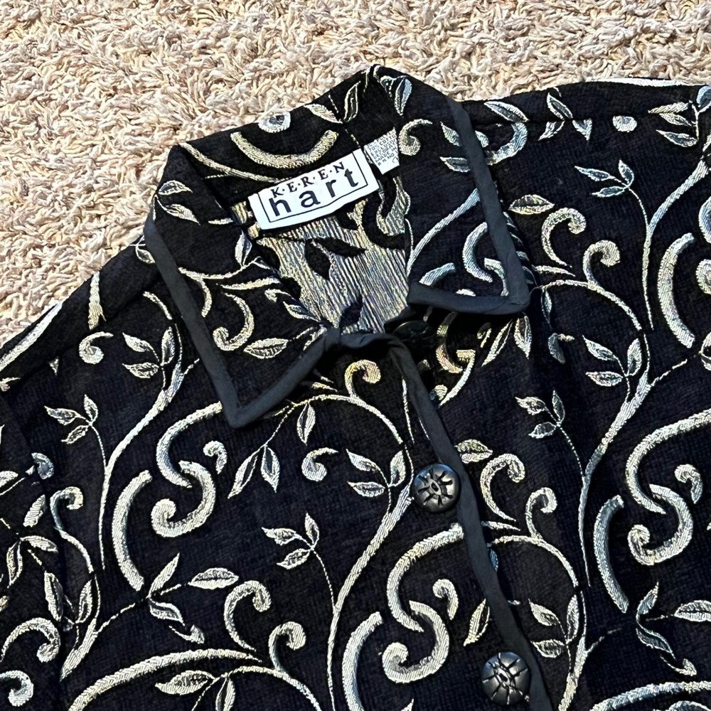 Keren Hart Women's Black Gold Metallic Scroll Embroidery Button Jacket Size M